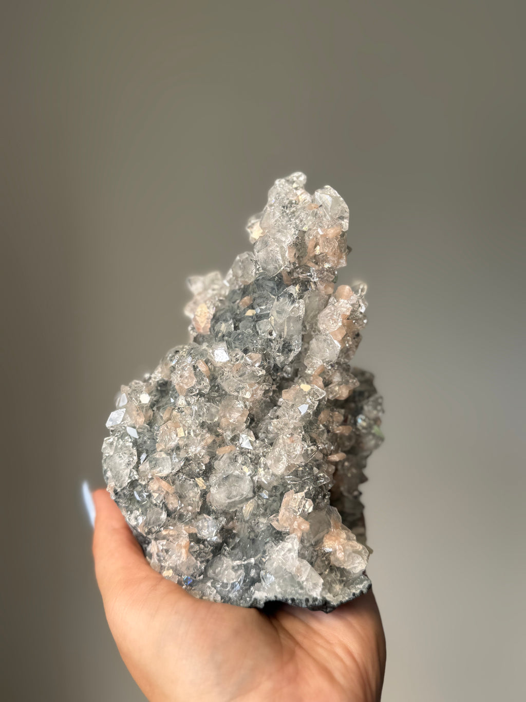 A rare Cathedral-Formed Diamond Apophyllite with warm peach Stilbite | Natural High-Clarity Crystal Specimen | Crystal Cartel #118