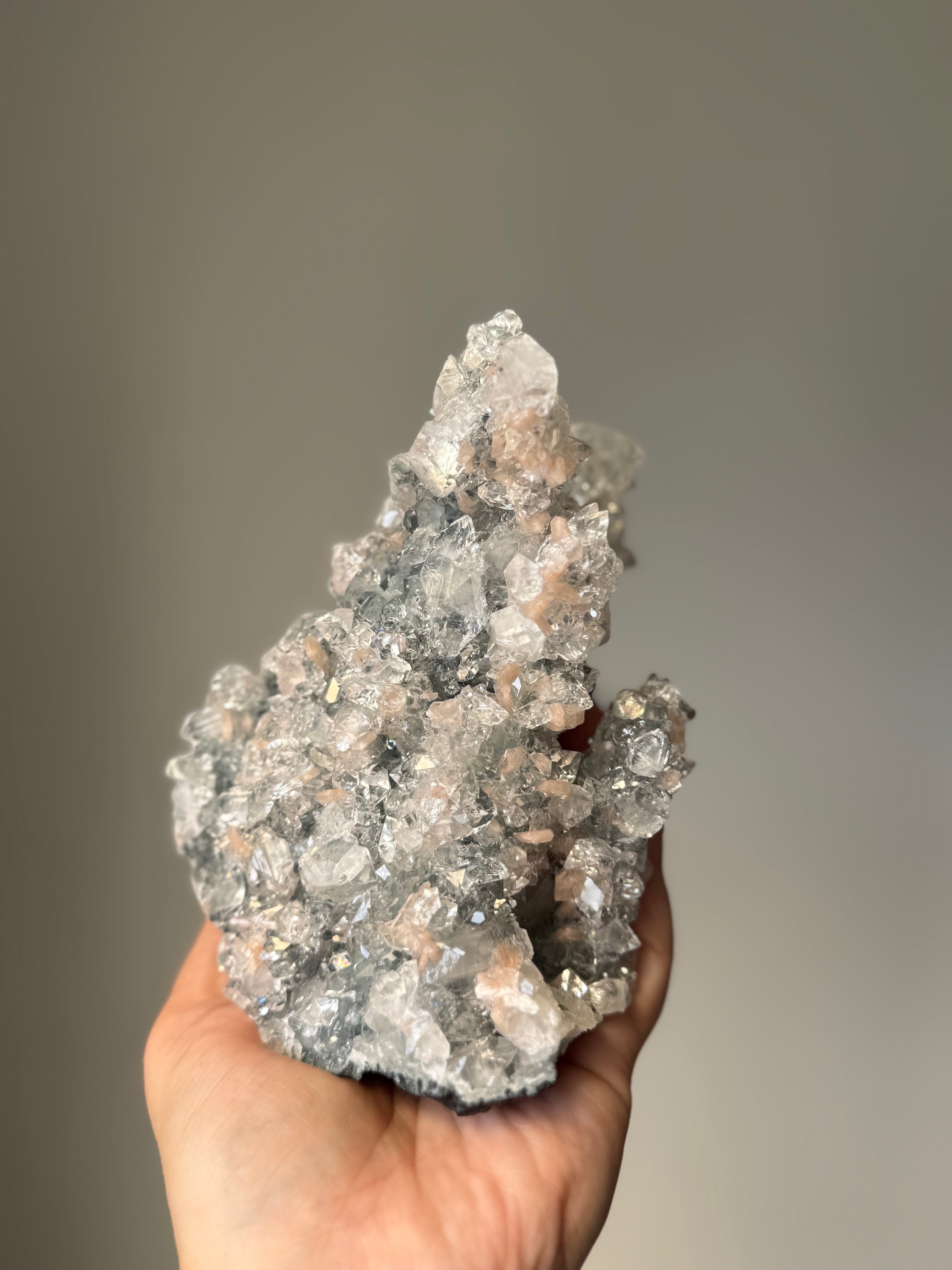 A rare Cathedral-Formed Diamond Apophyllite with warm peach Stilbite | Natural High-Clarity Crystal Specimen | Crystal Cartel #118