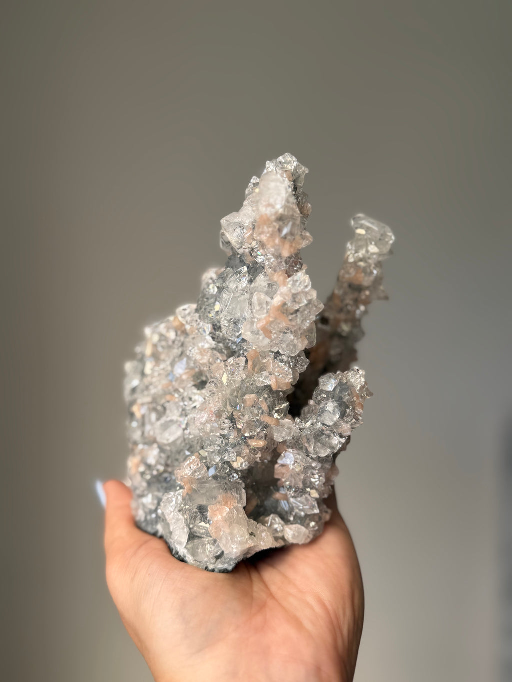 A rare Cathedral-Formed Diamond Apophyllite with warm peach Stilbite | Natural High-Clarity Crystal Specimen | Crystal Cartel #118