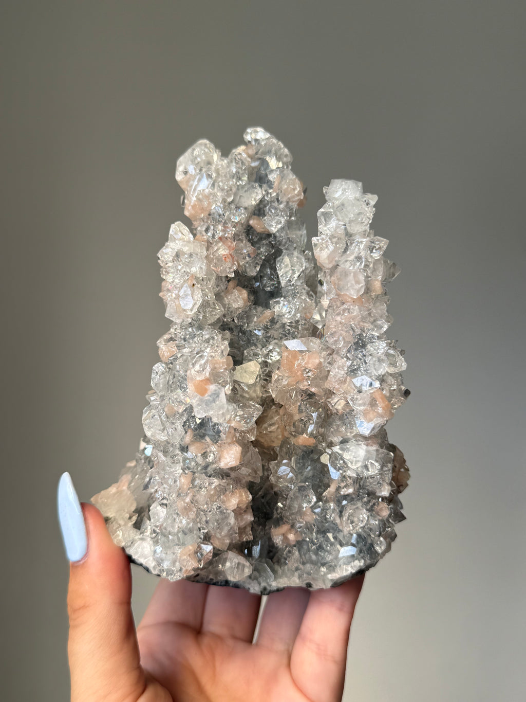 A rare Cathedral-Formed Diamond Apophyllite with warm peach Stilbite | Natural High-Clarity Crystal Specimen | Crystal Cartel #118