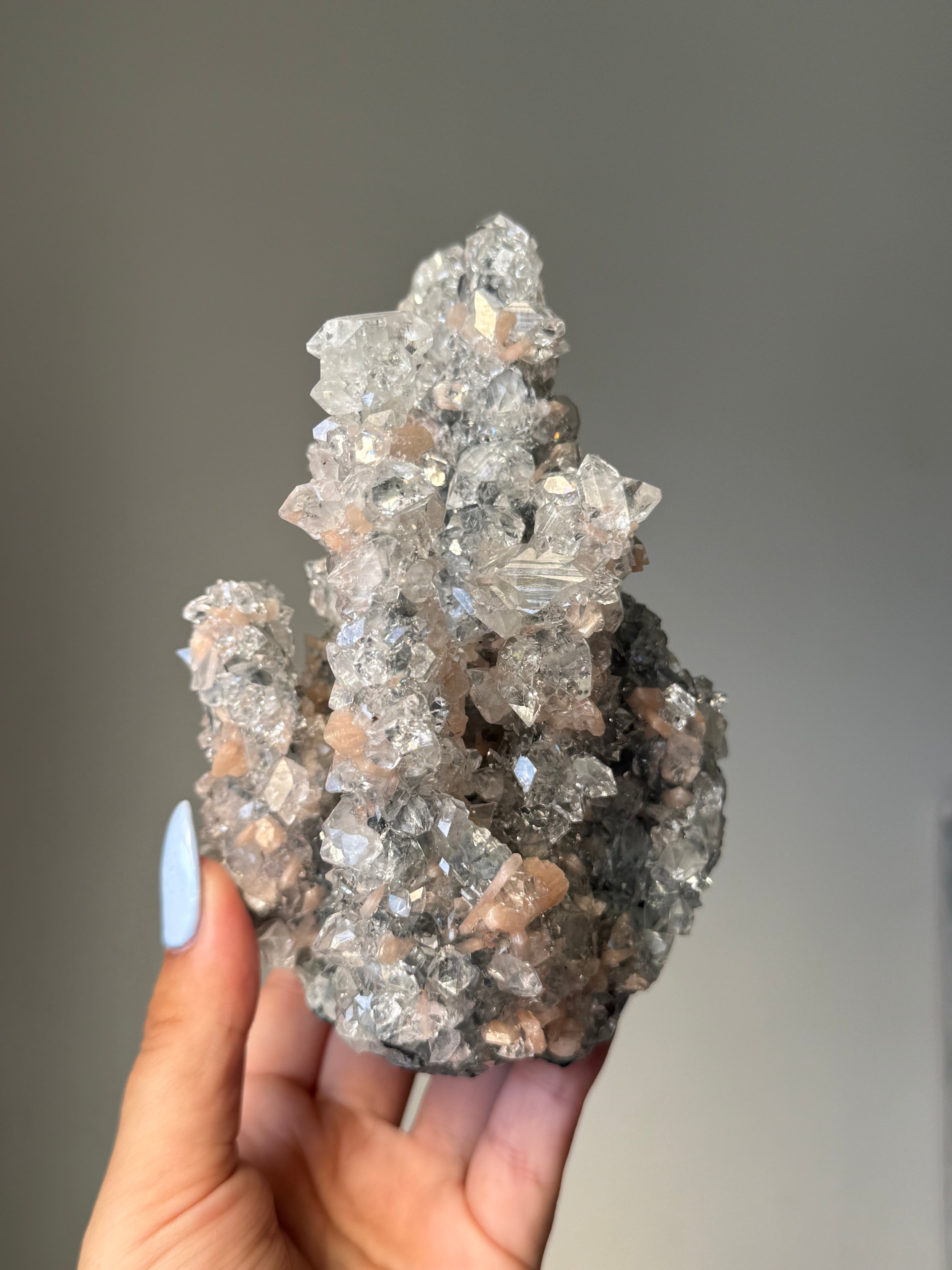 A rare Cathedral-Formed Diamond Apophyllite with warm peach Stilbite | Natural High-Clarity Crystal Specimen | Crystal Cartel #118