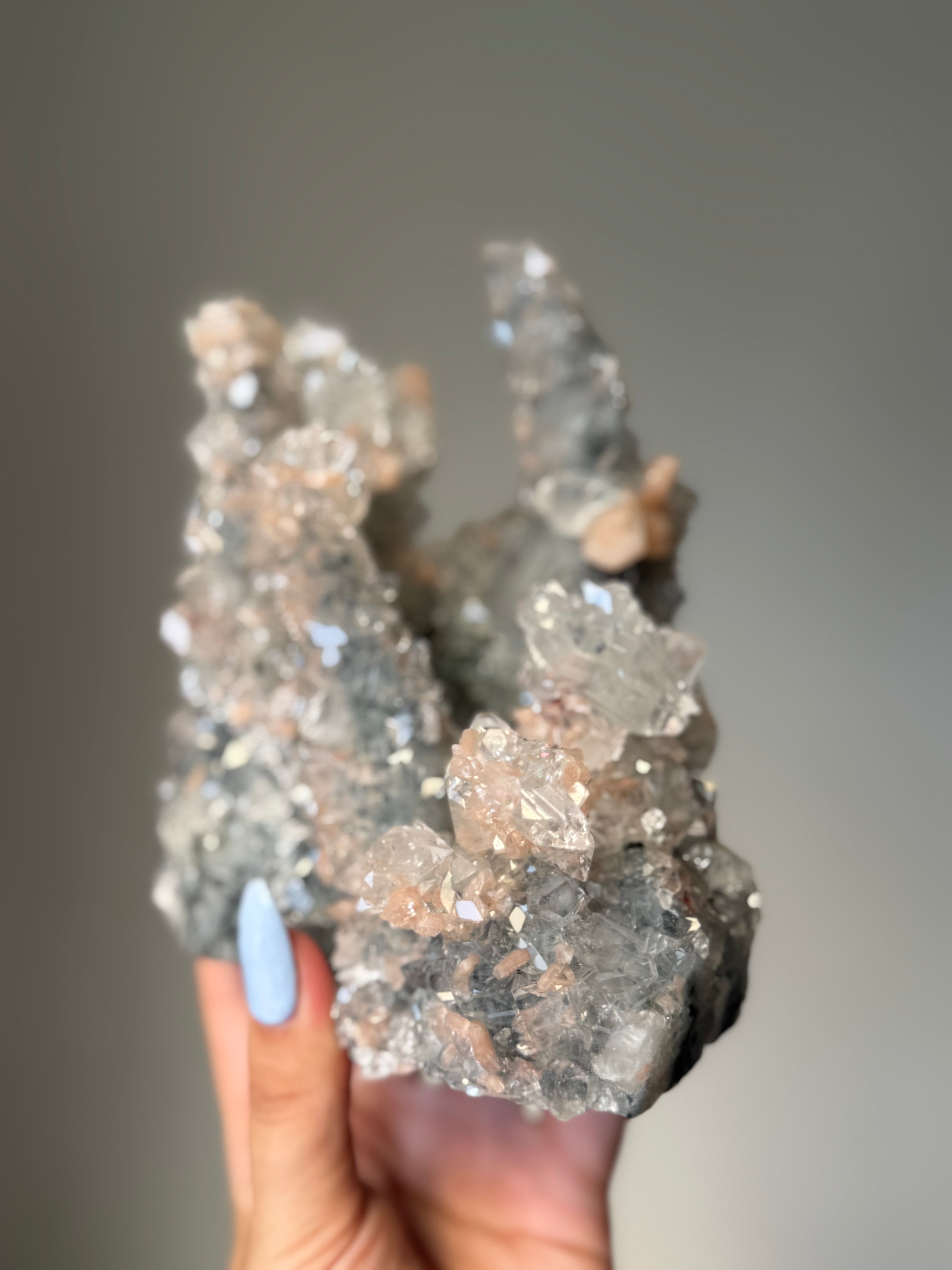 A rare Cathedral-Formed Diamond Apophyllite with warm peach Stilbite | Natural High-Clarity Crystal Specimen | Crystal Cartel #116