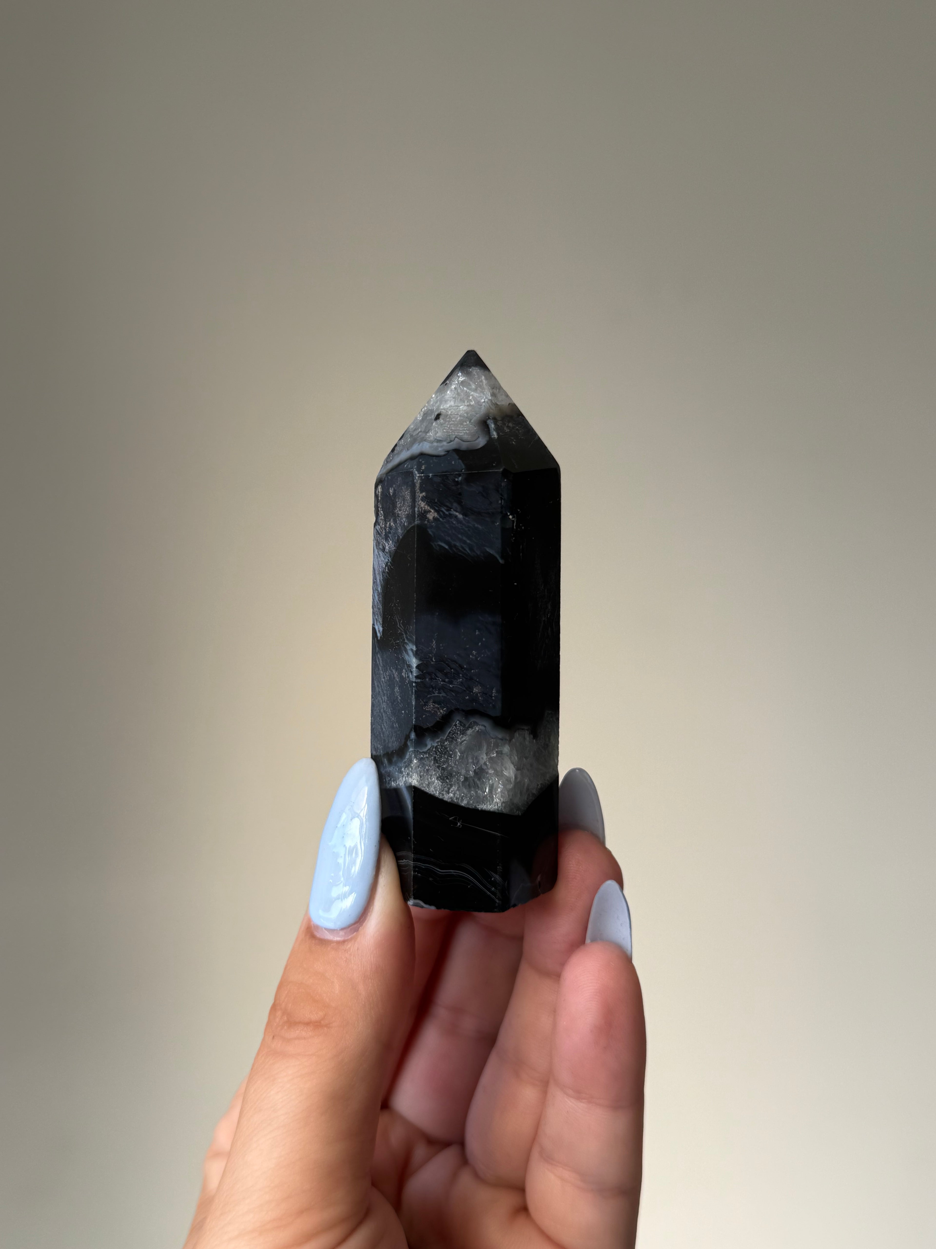 Black Banded Agate with Natural Quartz | Crystal Cartel #180 8cm