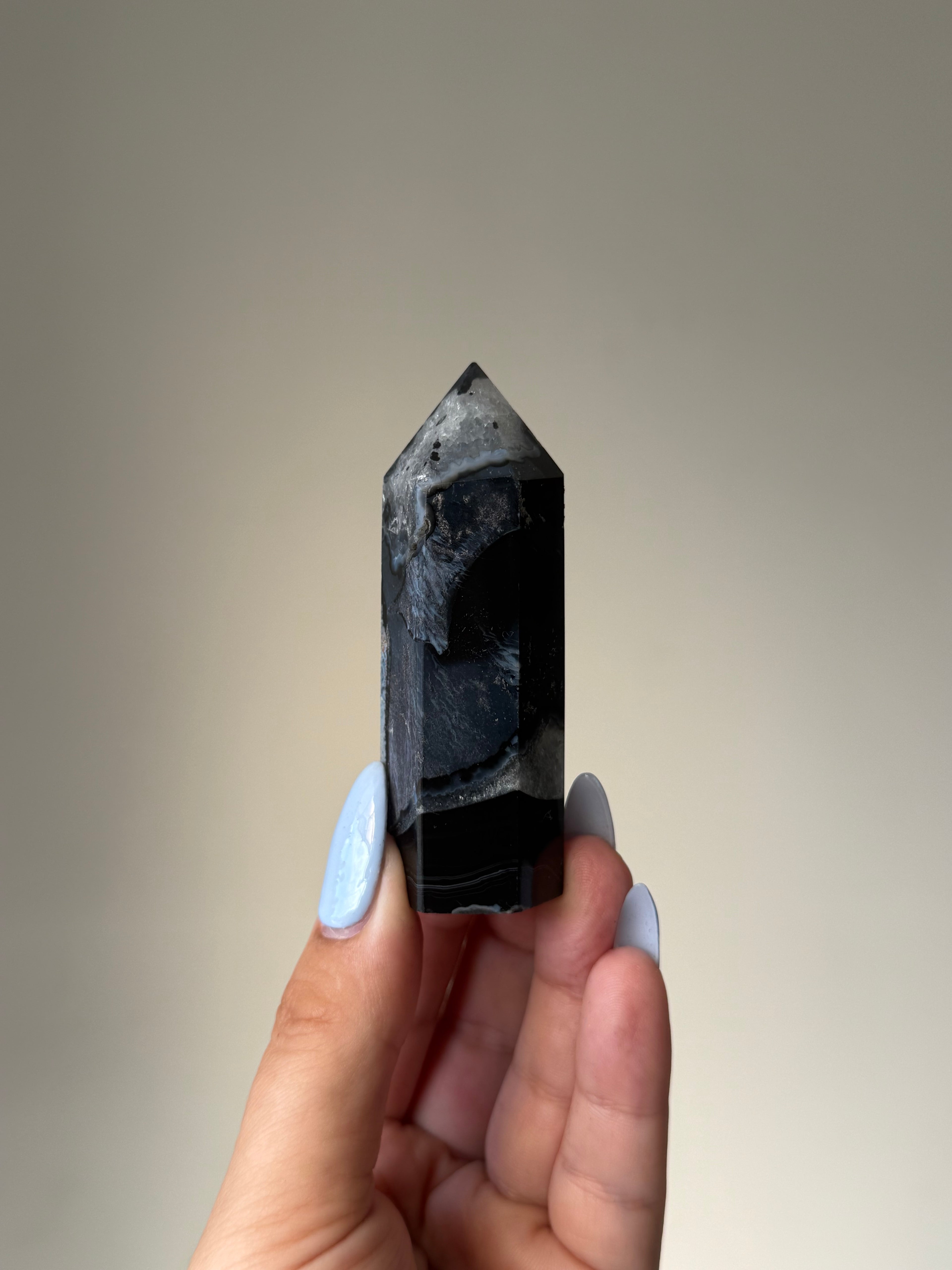 Black Banded Agate with Natural Quartz | Crystal Cartel #180 8cm