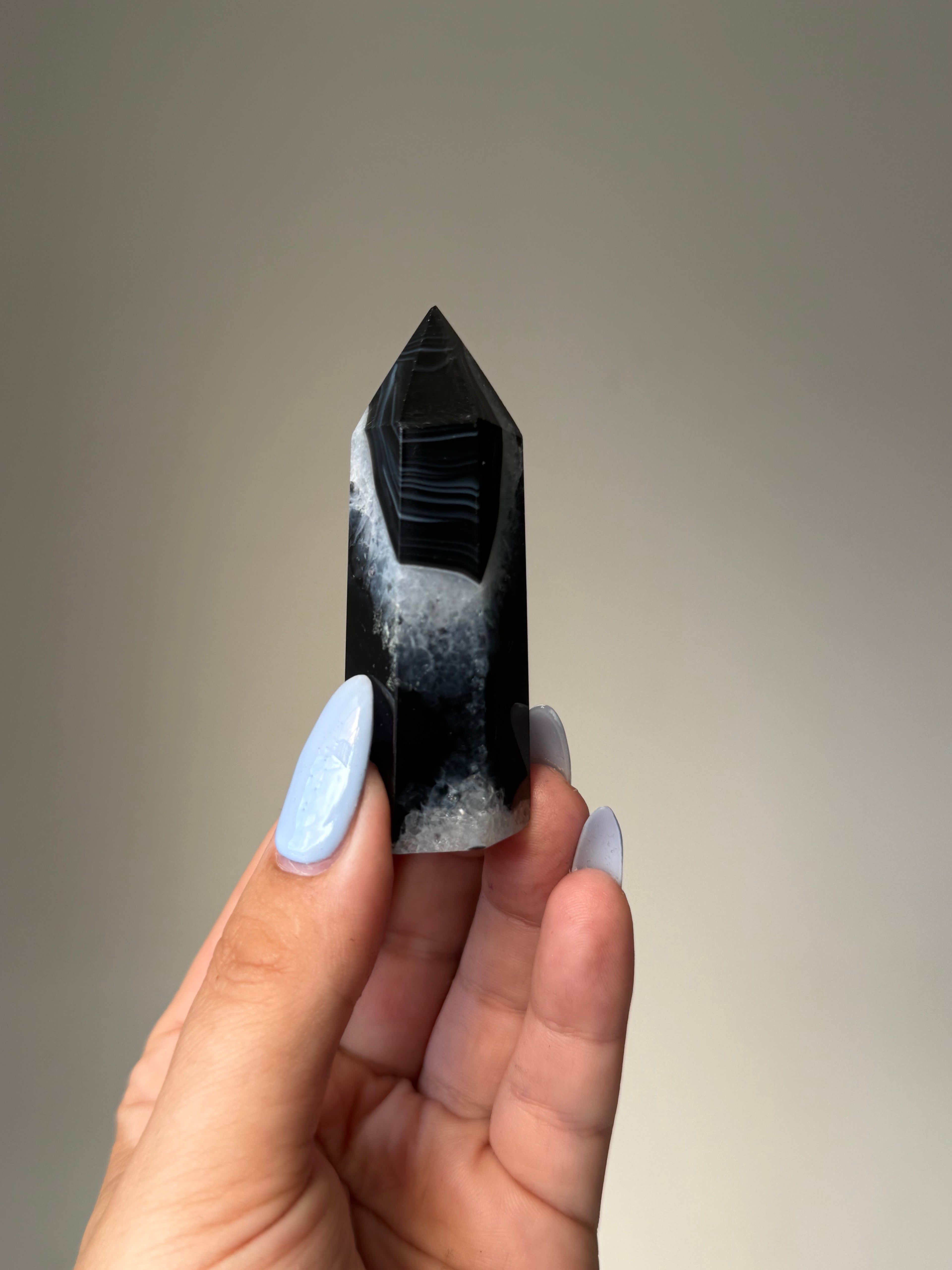 Black Banded Agate with Natural Quartz | Crystal Cartel #177 7cm
