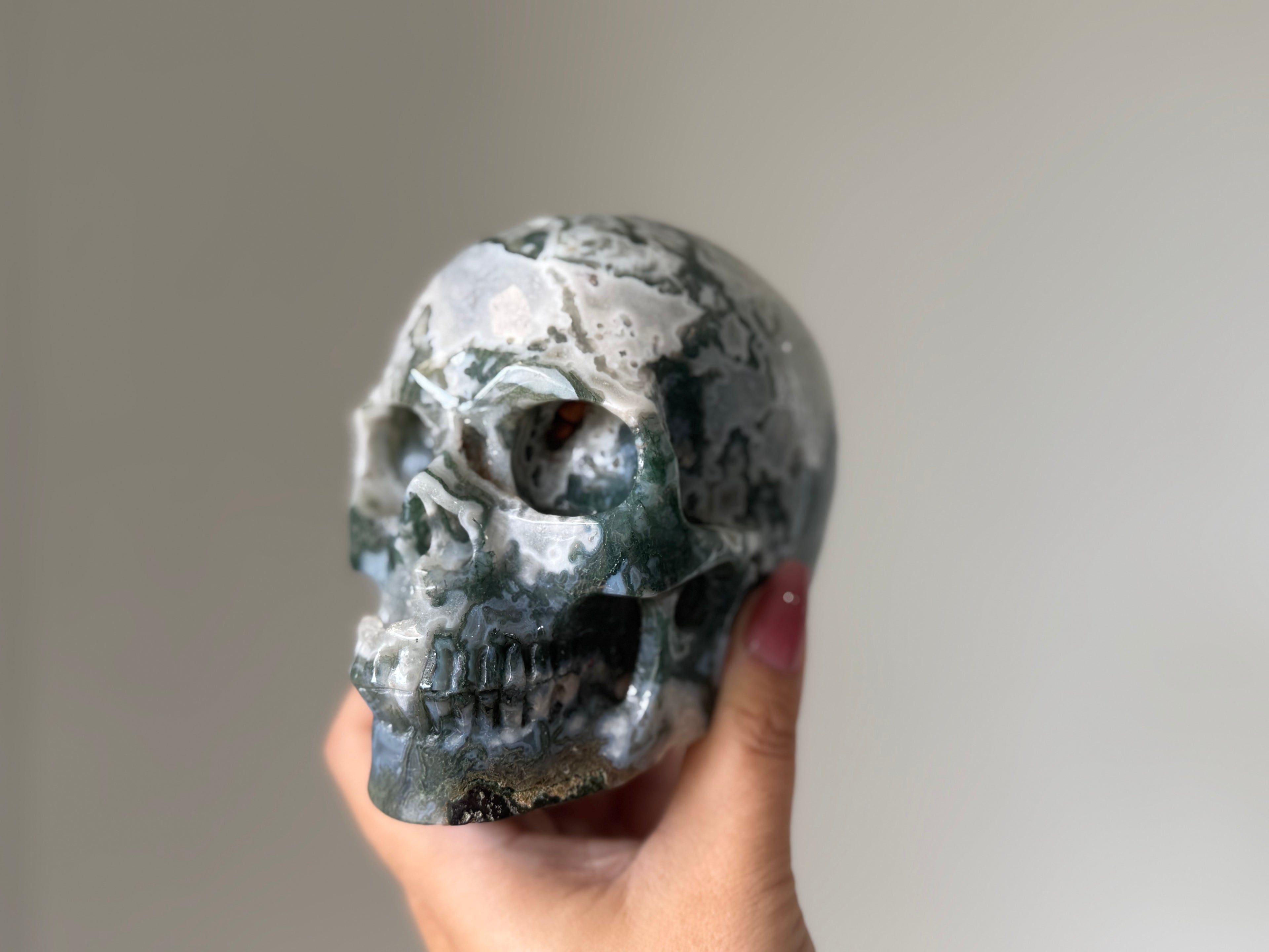 Moss Agate & Quartz Skull Carving | Stability, Abundance & Earth Connection
