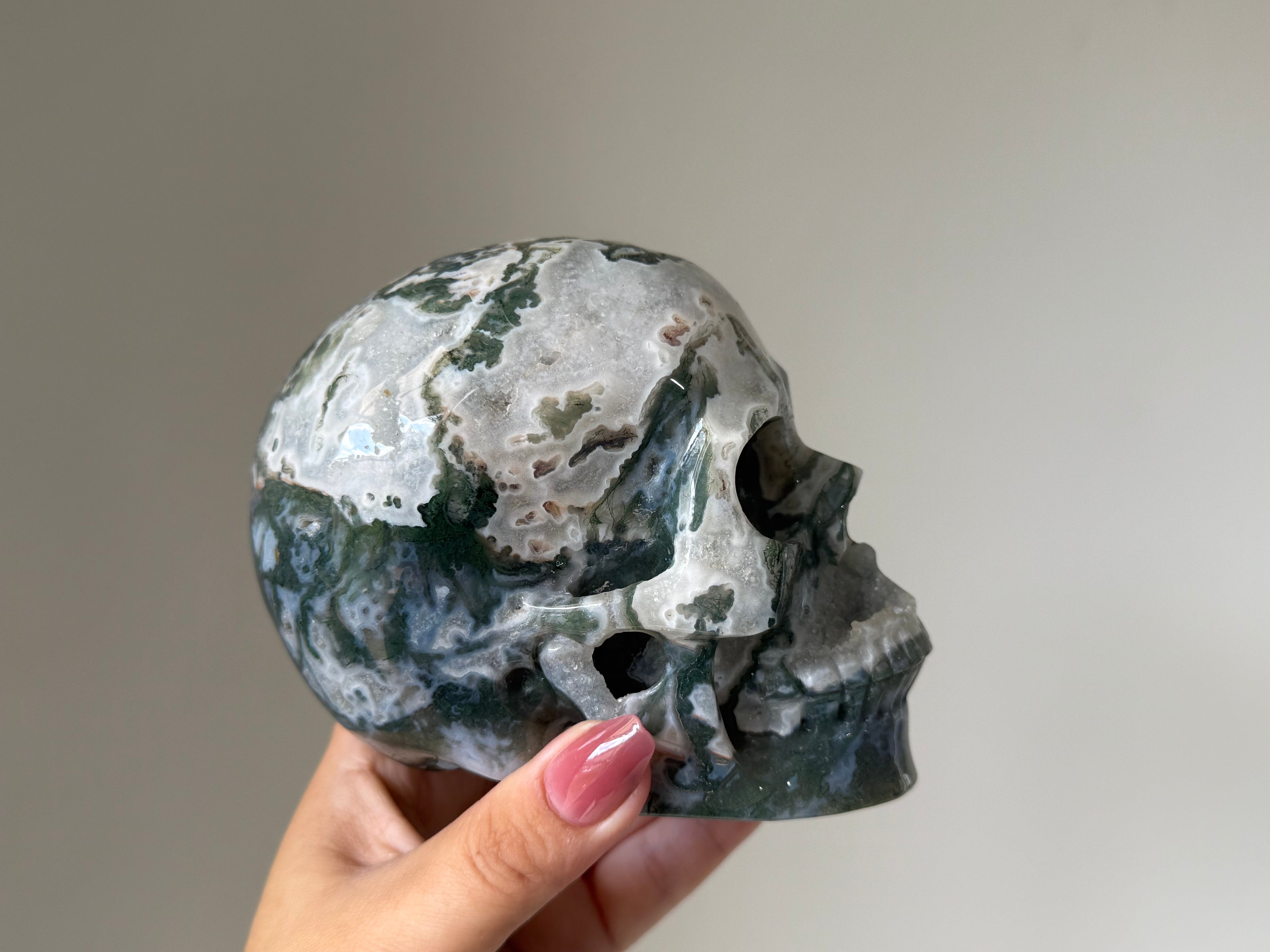 Moss Agate & Quartz Skull Carving | Stability, Abundance & Earth Connection