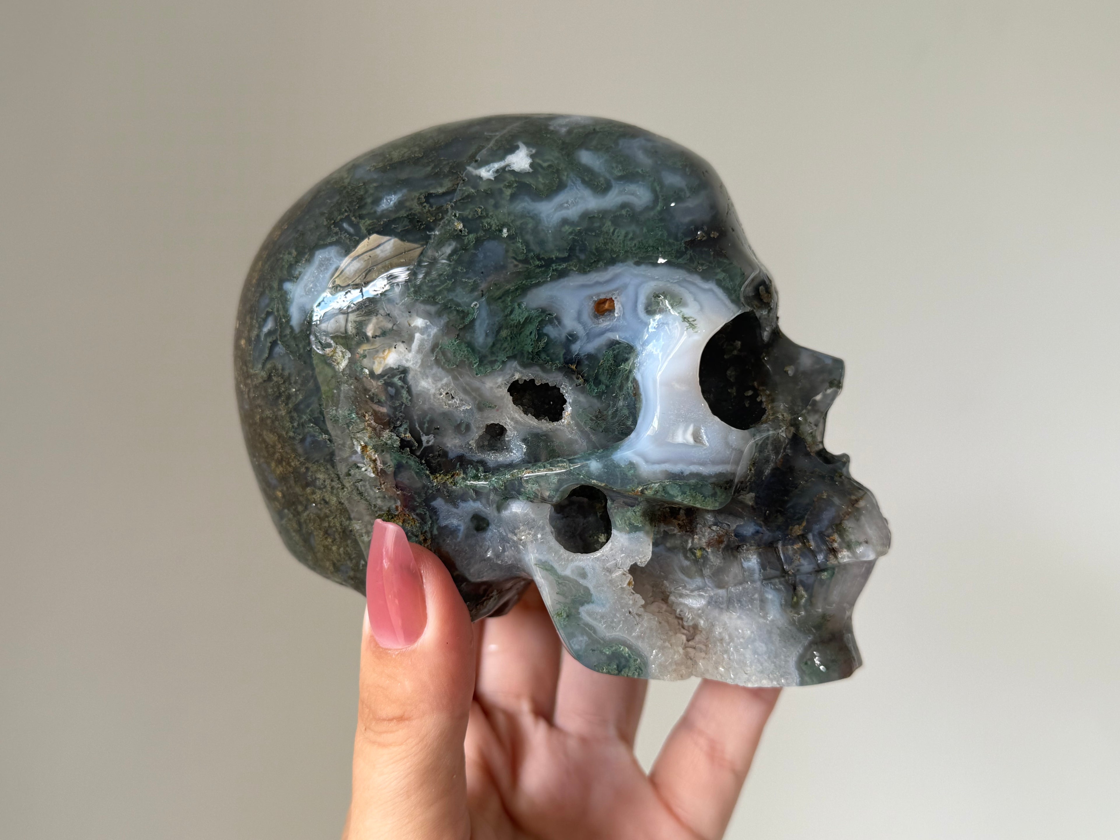 Moss Agate & Quartz Skull Carving | Stability, Abundance & Earth Connection