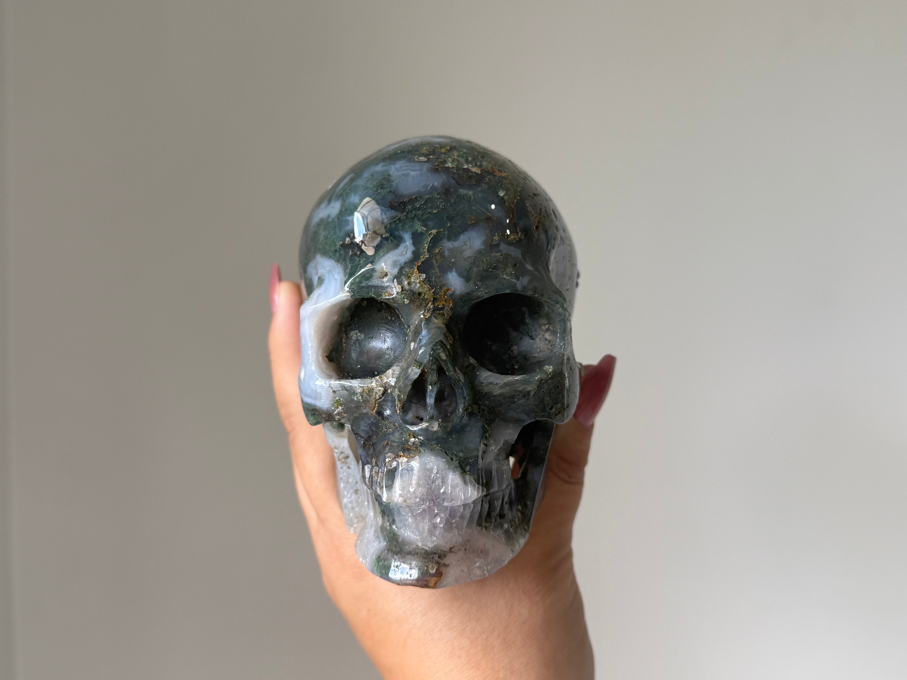 Moss Agate & Quartz Skull Carving | Stability, Abundance & Earth Connection