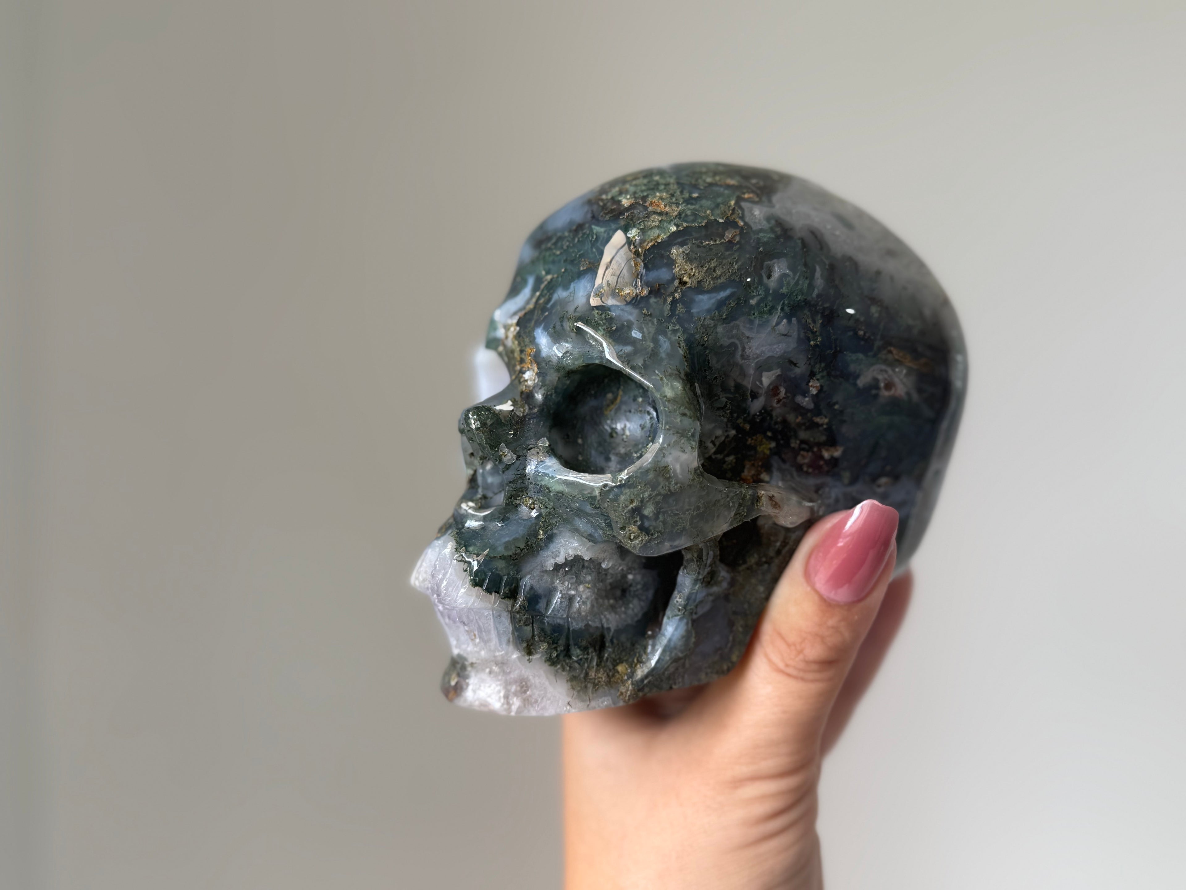 Moss Agate & Quartz Skull Carving | Stability, Abundance & Earth Connection