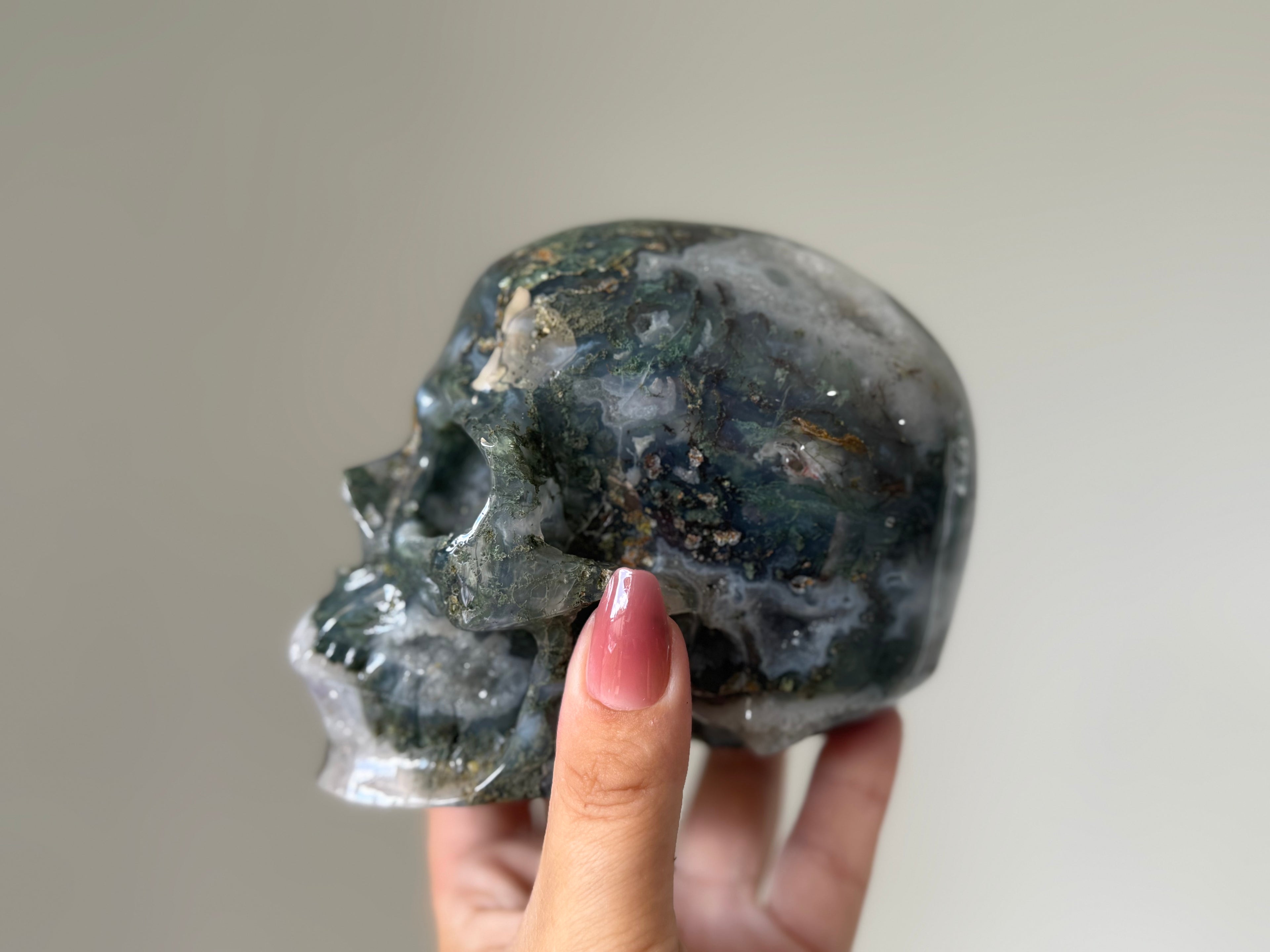 Moss Agate & Quartz Skull Carving | Stability, Abundance & Earth Connection