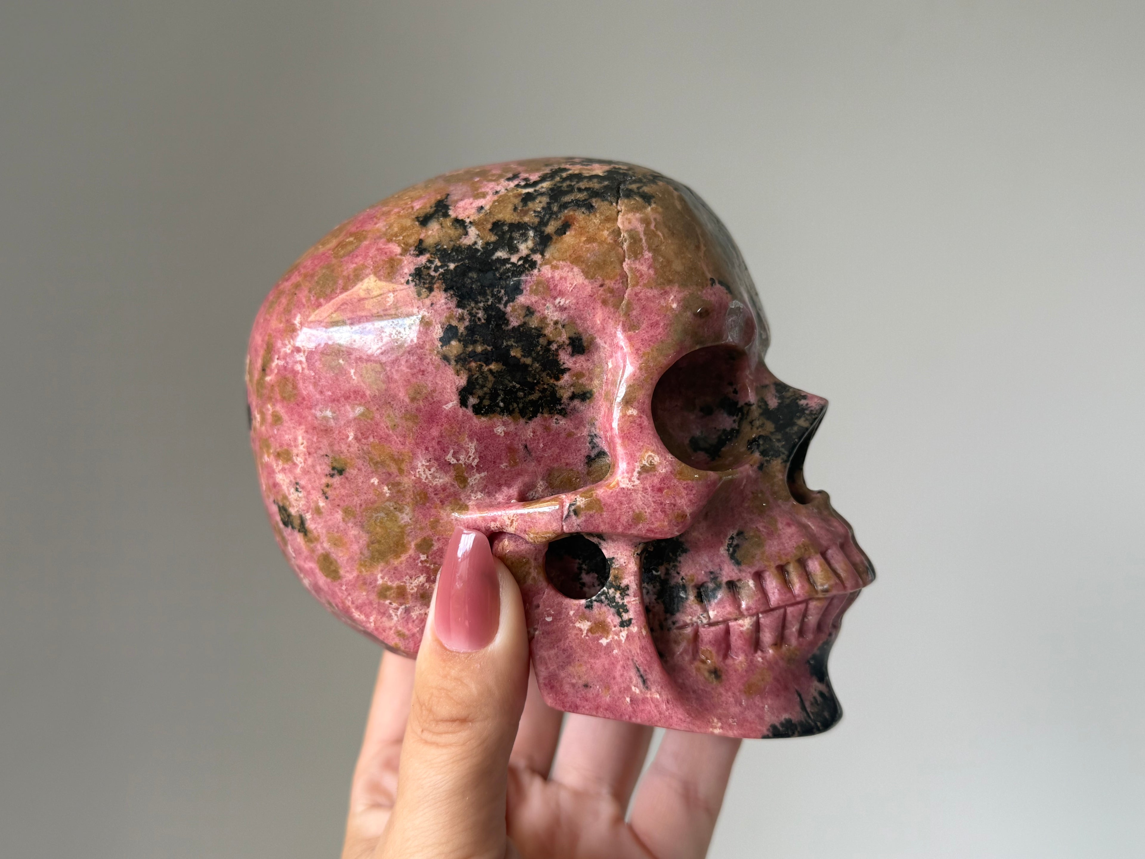 Rhodonite Crystal Skull Carving - for Emotional Healing, Heart Chakra & Grounded Love Energy
