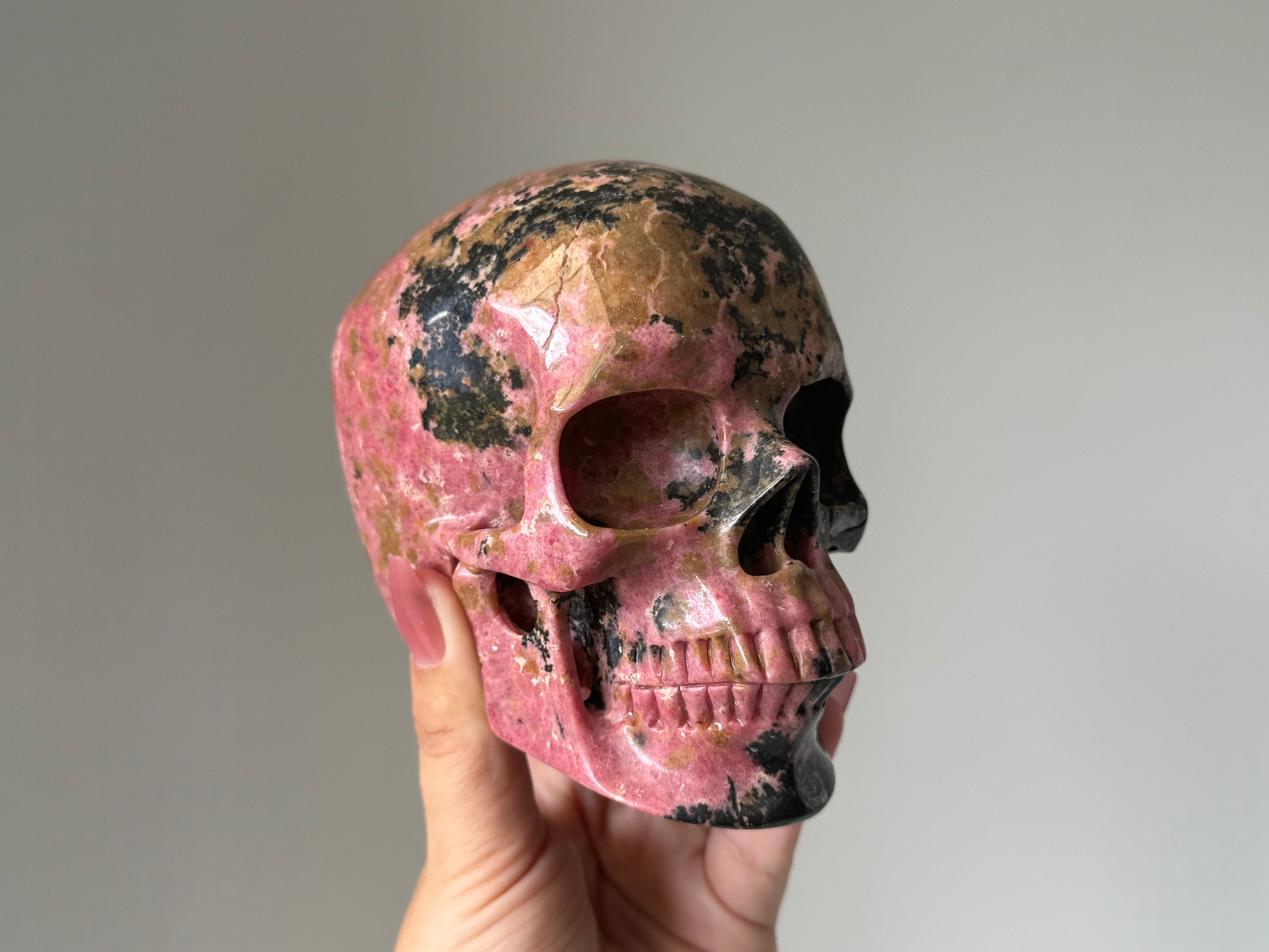 Rhodonite Crystal Skull Carving - for Emotional Healing, Heart Chakra & Grounded Love Energy