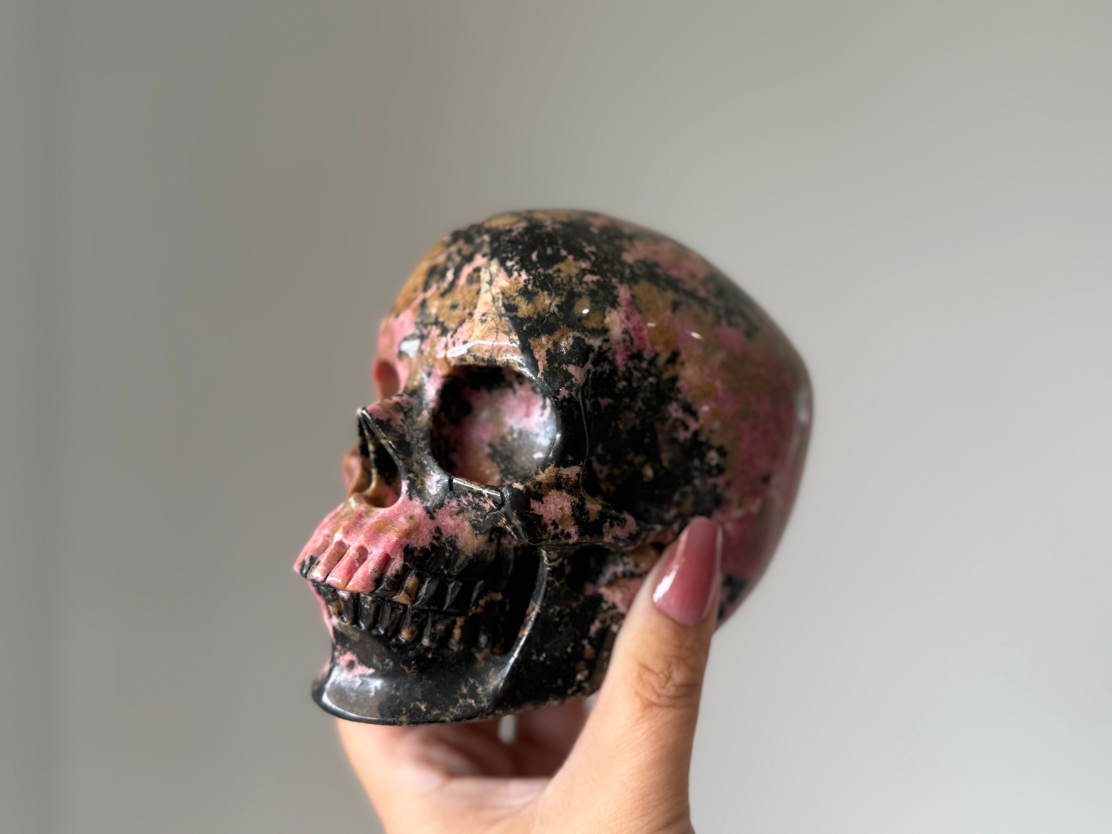 Rhodonite Crystal Skull Carving - for Emotional Healing, Heart Chakra & Grounded Love Energy