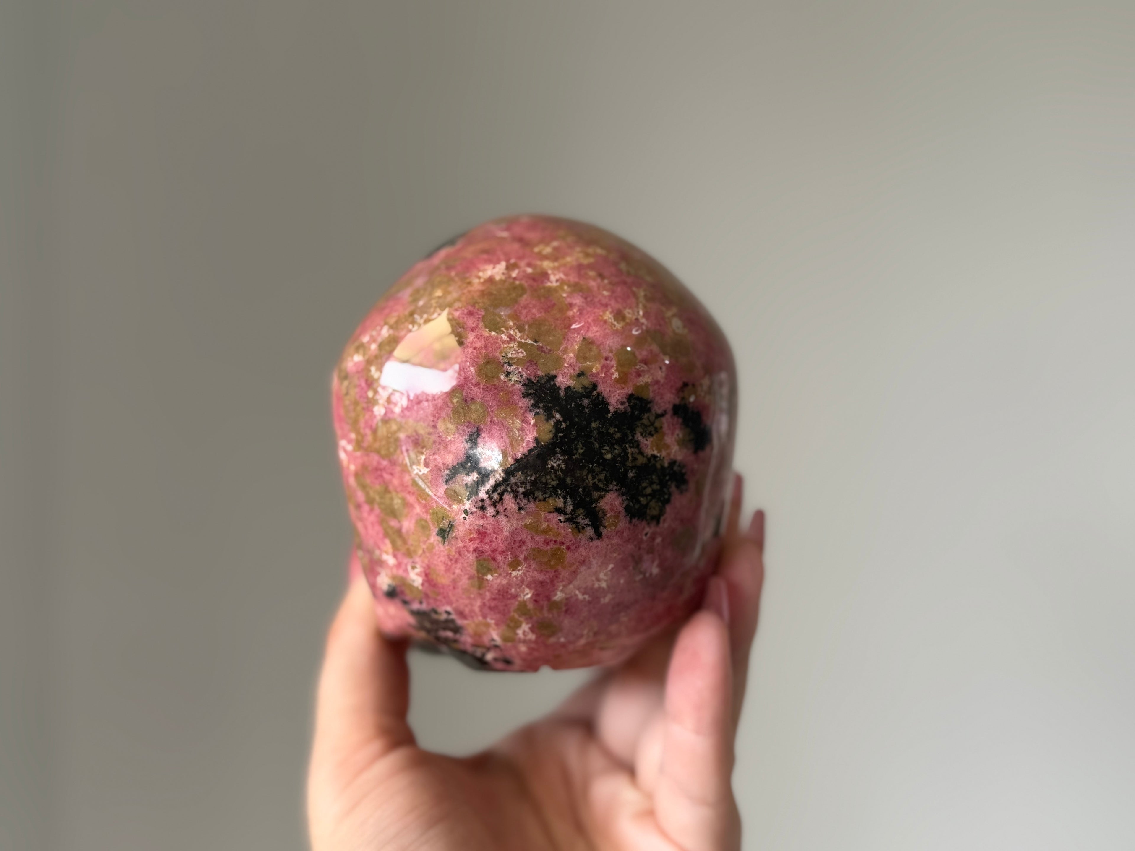 Rhodonite Crystal Skull Carving - for Emotional Healing, Heart Chakra & Grounded Love Energy