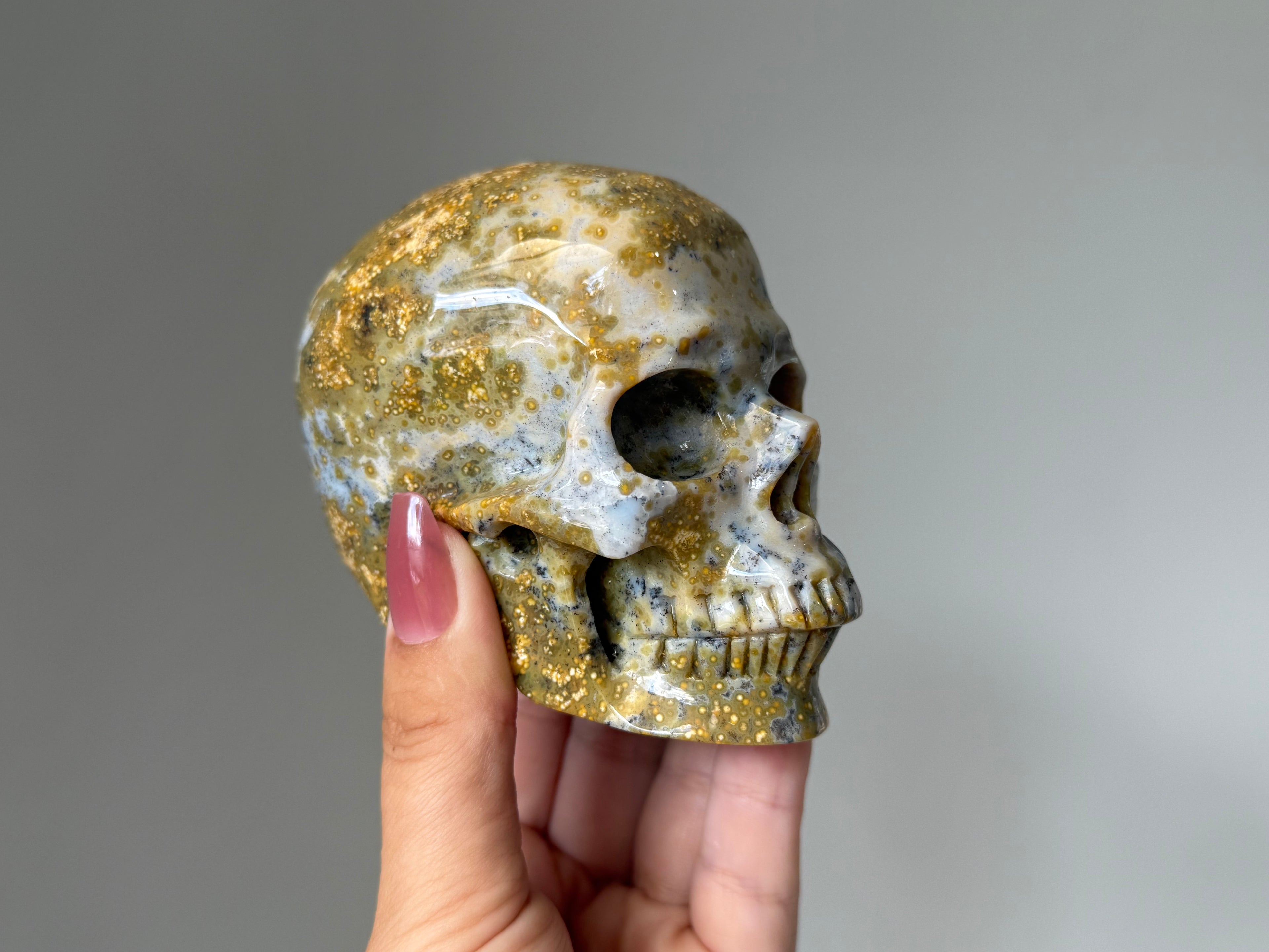 Golden Orbicular Jasper Skull Carving – Grounding Protection Stone for Strength, Stability & Earth Energy