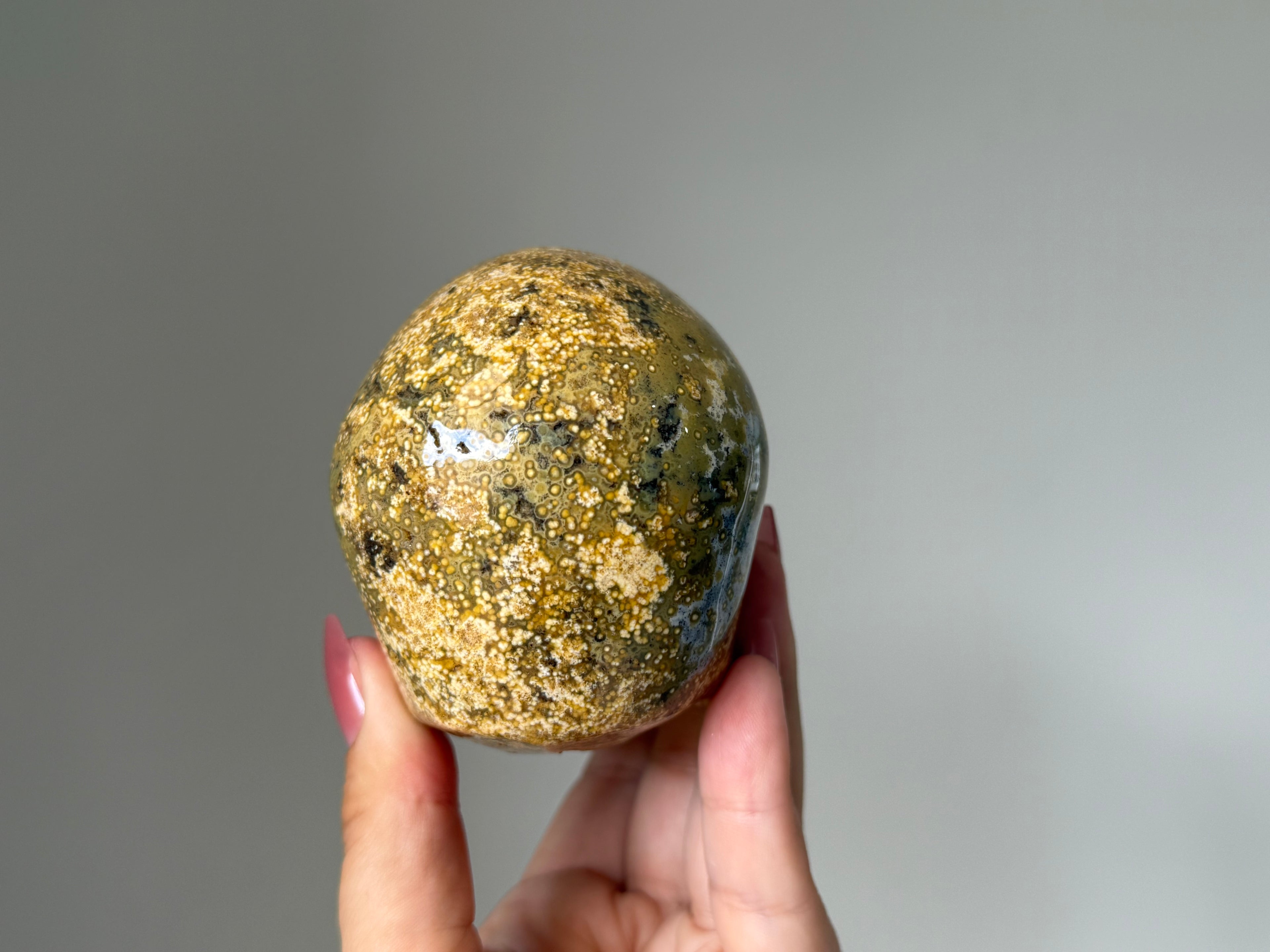 Golden Orbicular Jasper Skull Carving – Grounding Protection Stone for Strength, Stability & Earth Energy