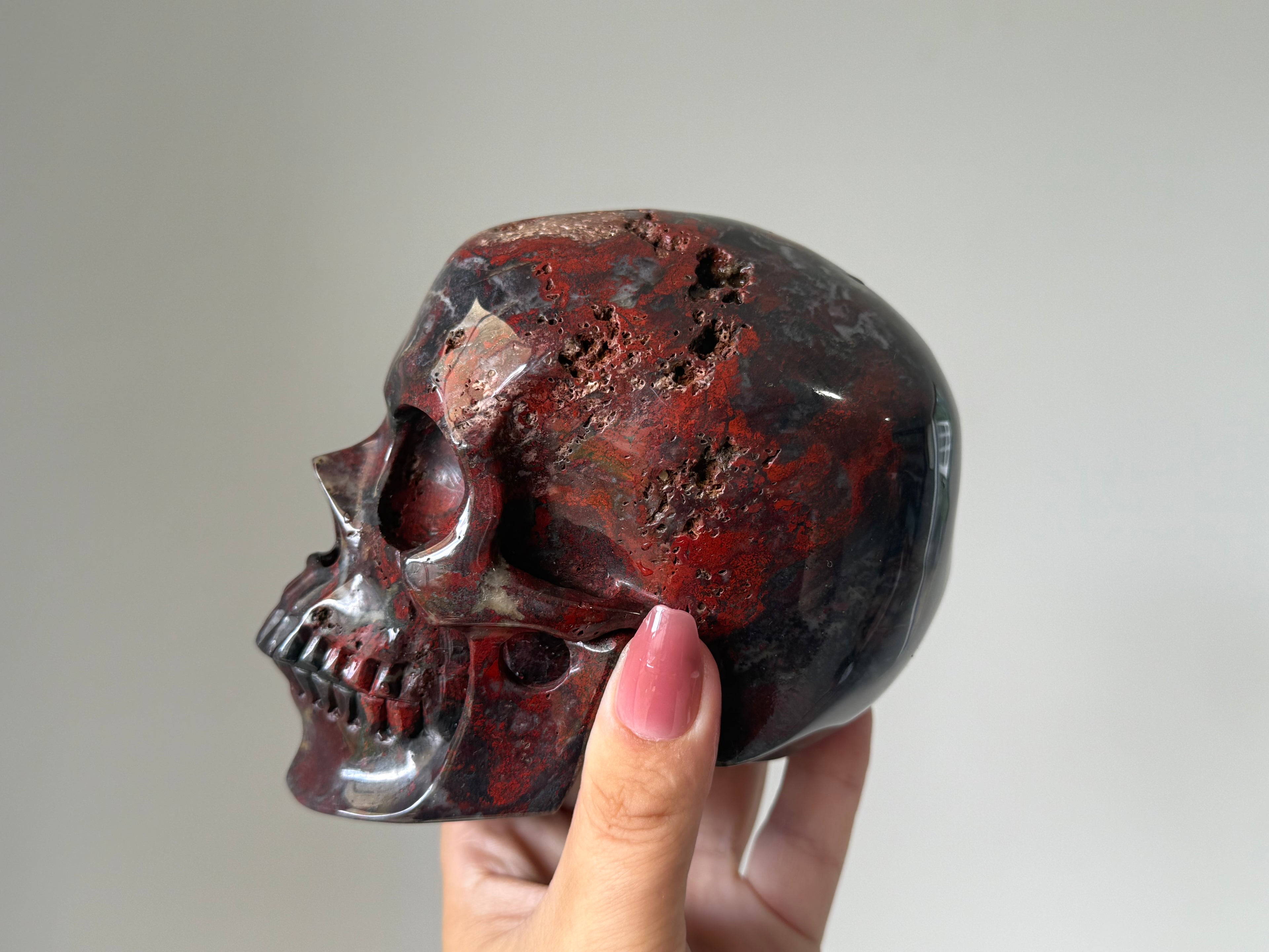 Red Brecciated Jasper Skull Carving – Grounding Protection Stone for Strength & Stability