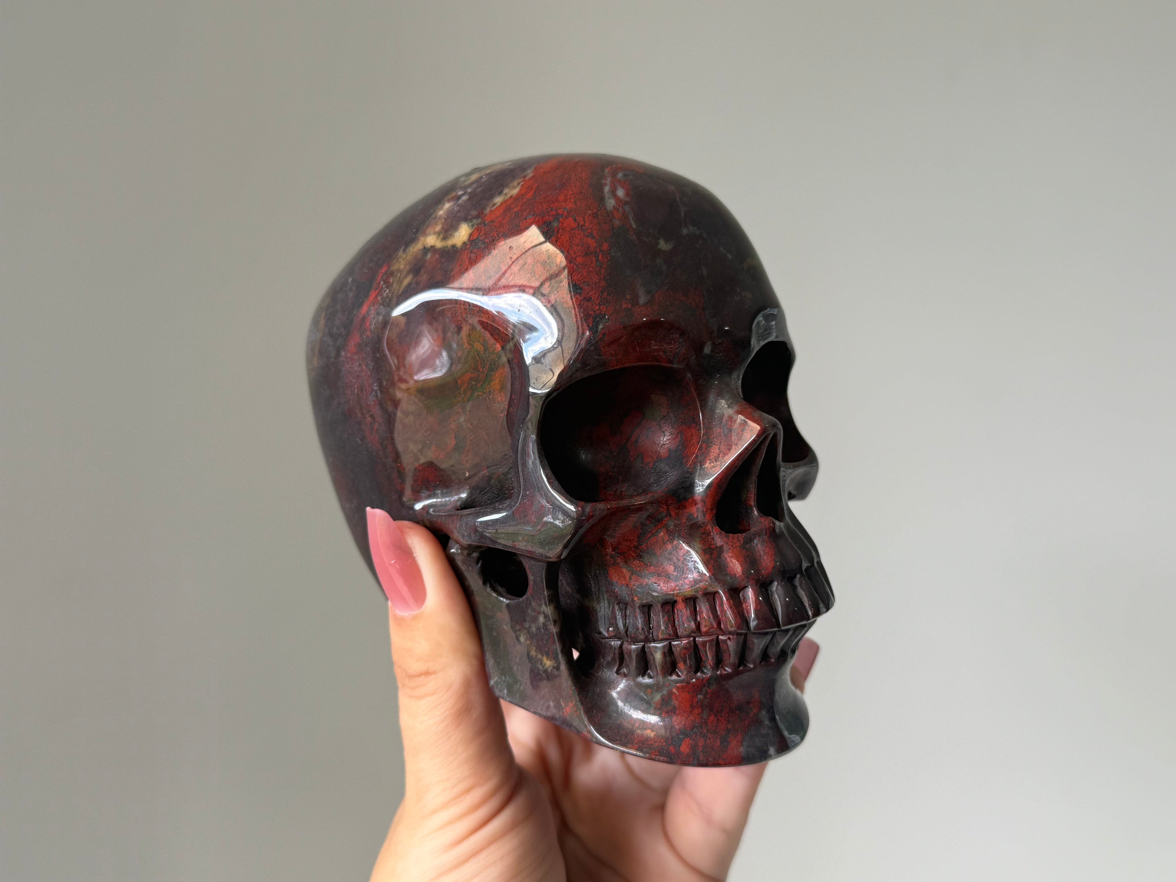 Red Brecciated Jasper Skull Carving – Grounding Protection Stone for Strength & Stability