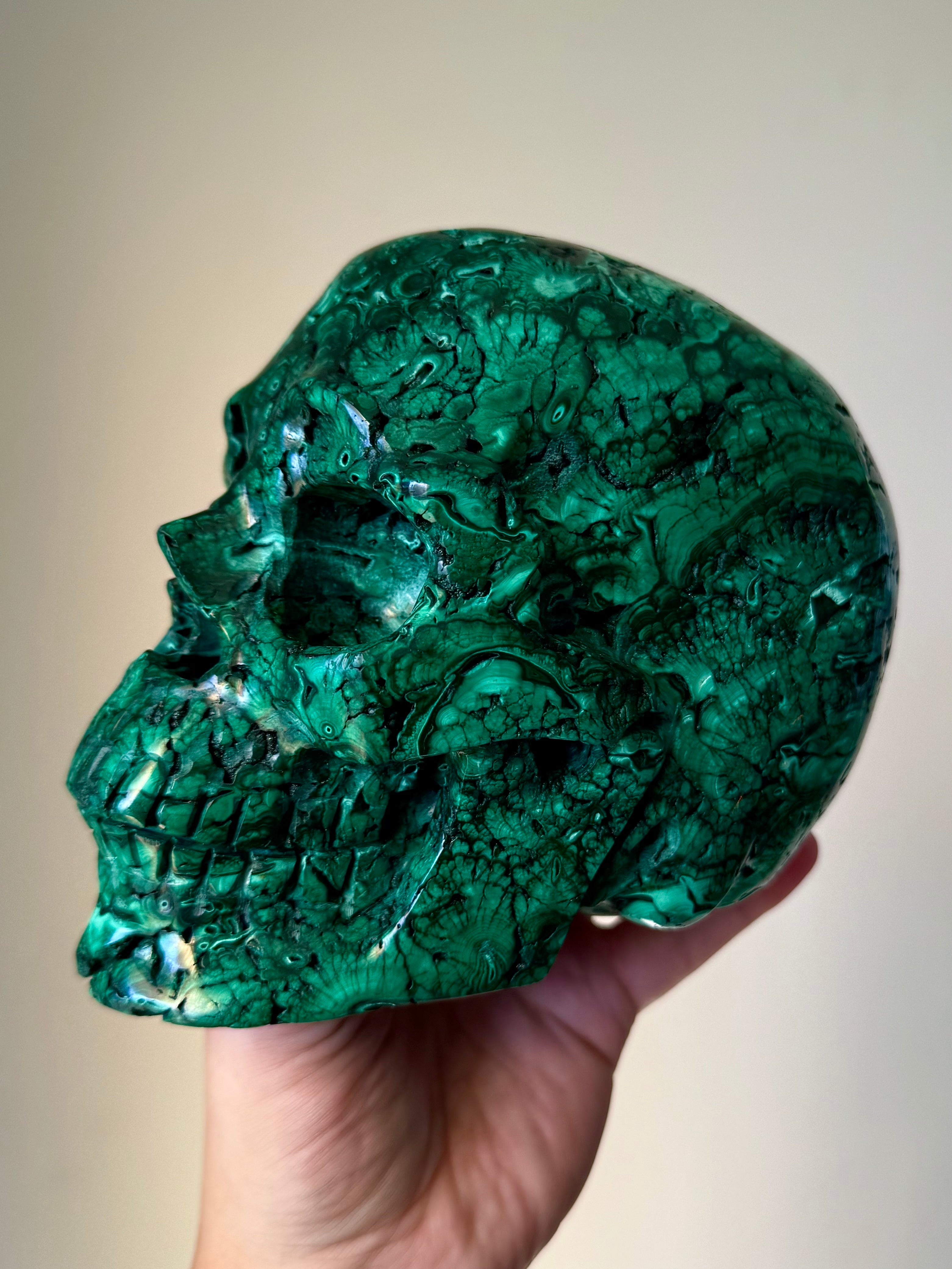 NEW Collector Malachite Skull Carving – Authentic Super Realistic Crystal Skull for Protection & Transformation